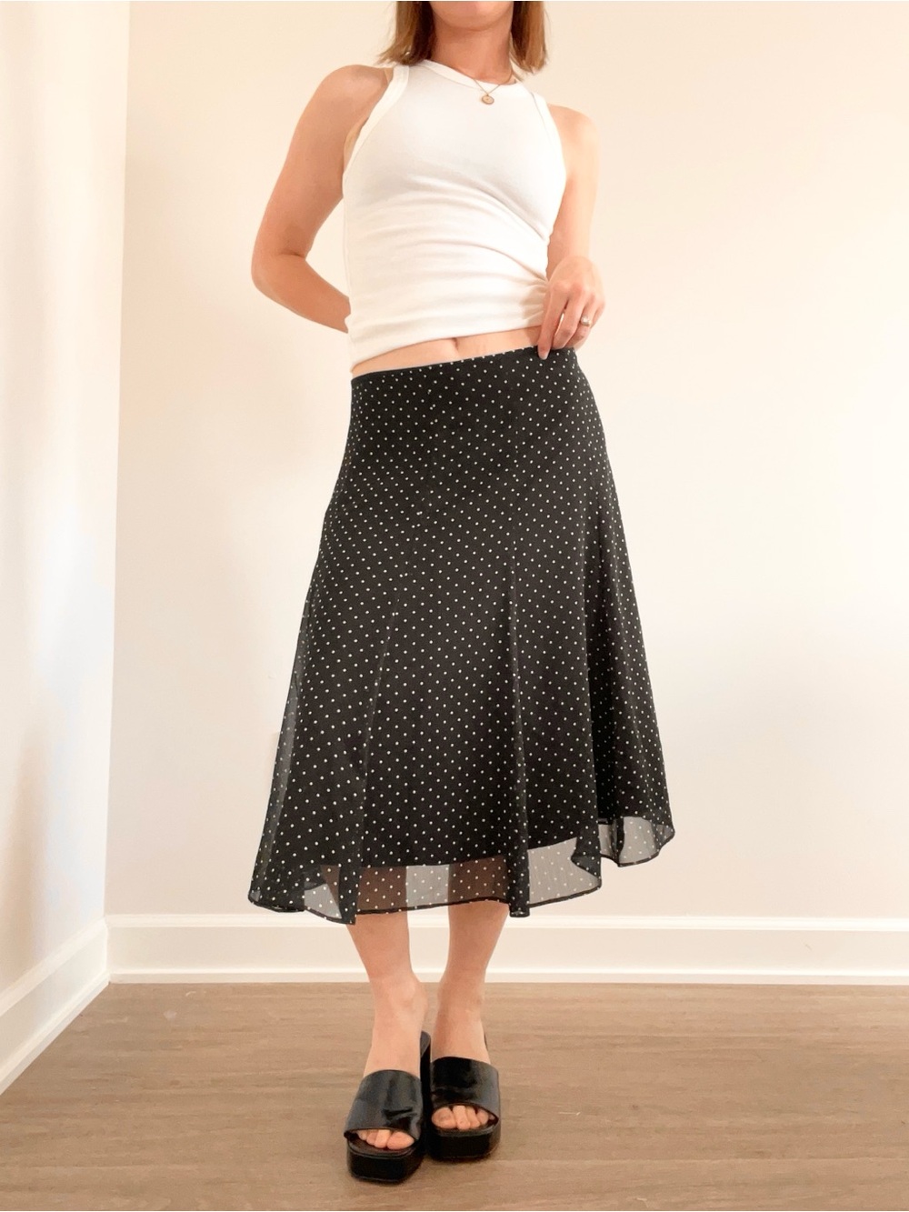 Liz & co Polka Dot Black Midi Skirt with Flowing A-Line Silhouette - Picture 2 of 5